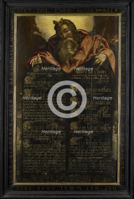 Moses showing the Tables of the Law with the Ten Commandments in Calligraphy, c.1600. Creator: Anon.