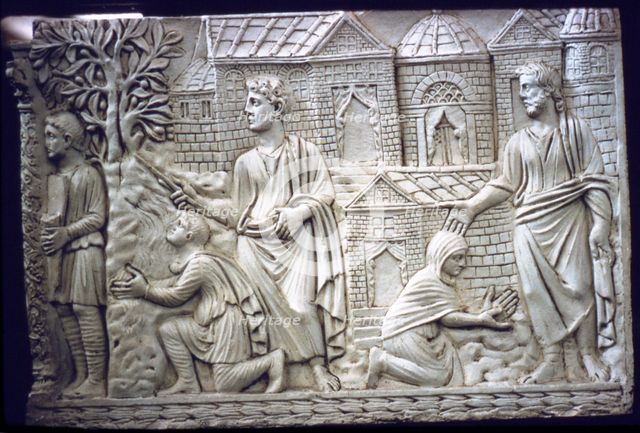 Moses Strikes the Rock, and Christ in the Garden, early Christian Sarcophagus, 4th century.  Artist: Unknown.