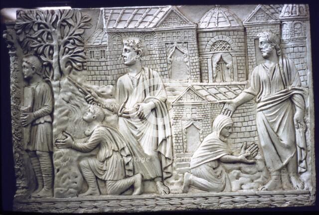 Moses Strikes the Rock, and Christ in the Garden, early Christian Sarcophagus, 4th century.  Artist: Unknown.