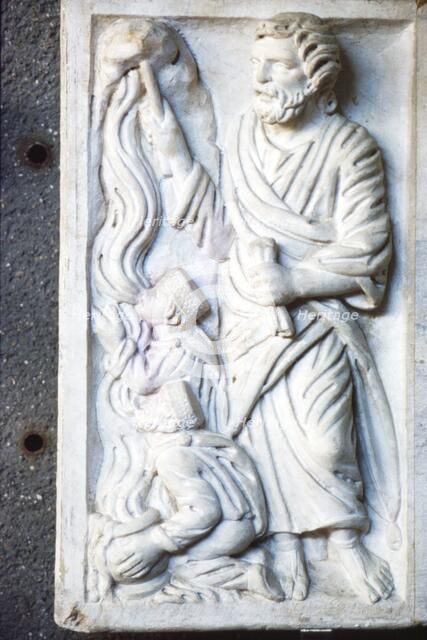 Moses strikes the Rock, for water in the desert,  Early Christian Sarcophagus, c4th century. Artist: Unknown.