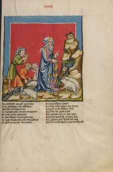 Moses Striking Water from the Rock; Weltchronik, about 1400-1410. Creator: Unknown