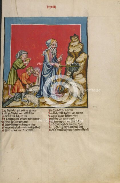 Moses Striking Water from the Rock; Weltchronik, about 1400-1410. Creator: Unknown.