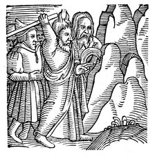 Moses striking the rock in the wilderness and producing water, 1557