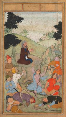 Moses praying to end the serpents attack on the Israelites, from a Mir’at al-quds..., 1602-1604. Creator: Unknown