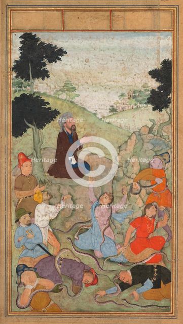 Moses praying to end the serpents’ attack on the Israelites, from a Mir’at al-quds..., 1602-1604. Creator: Unknown.