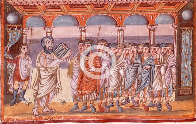 Moses receiving the tablets of law (Miniature from the Moutier-Grandval Bible), ca 830-ca 840. Artist: Anonymous  