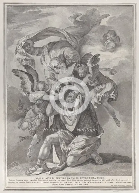 Moses receiving the Tablets of the Law from God who descends from the heavens; from..., ca. 1730-39. Creator: Pietro Monaco.