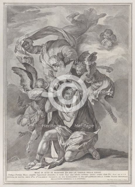 Moses receiving the Tablets of the Law from God who descends from the heavens; from..., ca. 1730-39. Creator: Pietro Monaco.