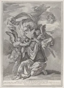 Moses receiving the Tablets of the Law from God who descends from the heavens; from..., ca. 1730-39. Creator: Pietro Monaco