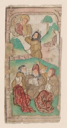 Moses Receiving the Law, illustration from a Biblia Pauperum blockbook, 4th edition, c..., ca. 1465. Creator: Anon
