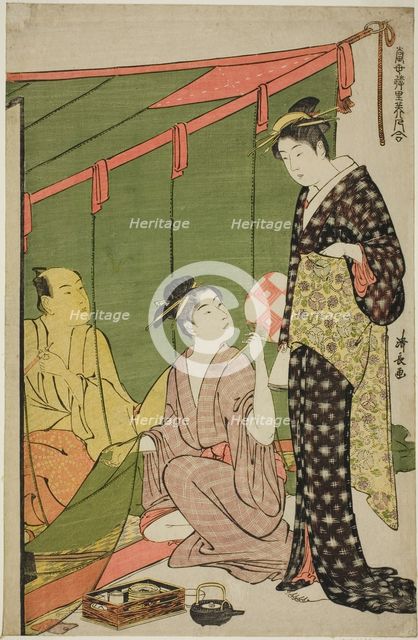 Mosquito Net, from the series "A Collection of Contemporary Beauties of the Pleasure..., c. 1784. Creator: Torii Kiyonaga.