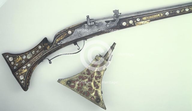 Matchlock musket and powder horn, c17th century. Creator: Unknown.