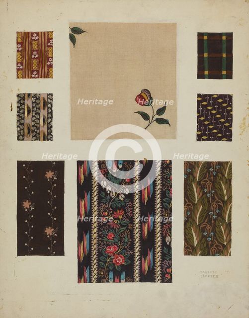 Materials from Patchwork Bedspread, c. 1936. Creator: Frances Lichten.