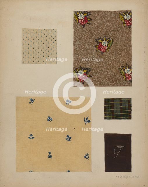 Materials from Patchwork Bedspread, c. 1936. Creator: Frances Lichten.