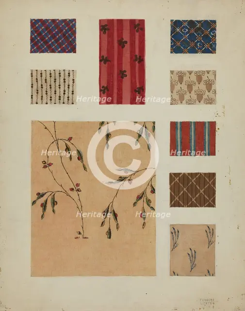 Materials from Patchwork Bedspread, c. 1936. Creator: Frances Lichten.