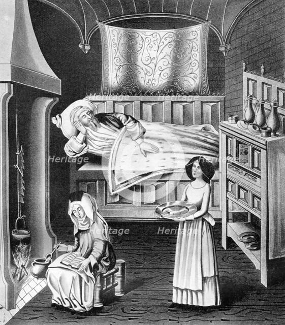 Matron and servant in the sick-chamber, c1470, (1910). Artist: Unknown