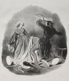 Matrimonial Customs: Ah! you think your wife does not provide enough for you, villian..., 1841. Creator: Honoré Daumier (French, 1808-1879); Aubert