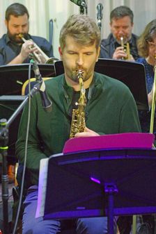 Matt Sulzmann, Stan Sulzmann’s Neon Orchestra, Watermill Jazz Club, Dorking, Surrey, Nov 2023. Creator: Brian O'Connor