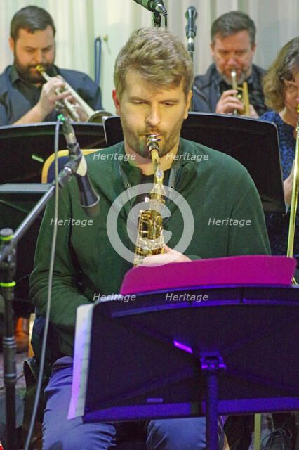 Matt Sulzmann, Stan Sulzmann’s Neon Orchestra, Watermill Jazz Club, Dorking, Surrey, Nov 2023. Creator: Brian O'Connor.