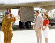 Mattingly and Hartsfield Salute President Reagan, Edwards Air Force Base, California, USA, 1982. Creator: NASA