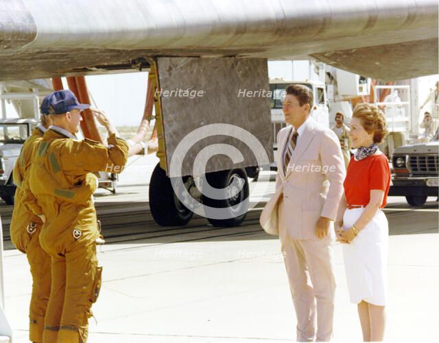 Mattingly and Hartsfield Salute President Reagan, Edwards Air Force Base, California, USA, 1982.  Creator: NASA.