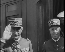 Maurice Gamelin and Two Other Male French Military Officers Alighting from a Train, 1939. Creator: British Pathe Ltd