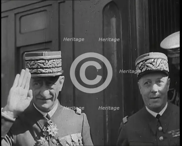 Maurice Gamelin and Two Other Male French Military Officers Alighting from a Train, 1939. Creator: British Pathe Ltd.