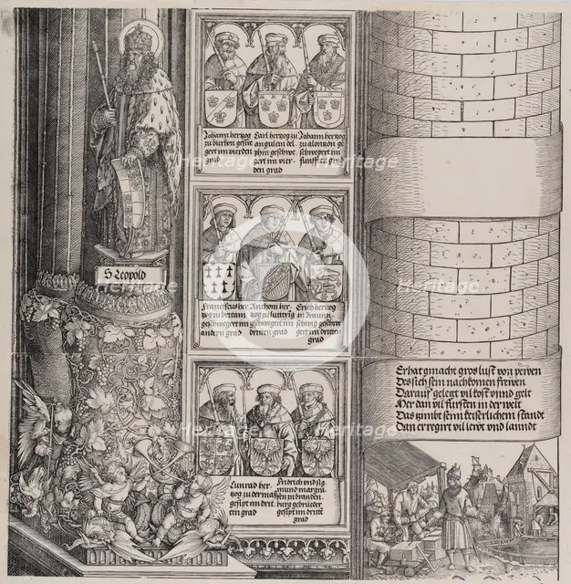 Maximilian as Architect; with a Statue of St. Leopold; and Busts of Maximilian's Ance..., 1517/1518. Creator: Hieronymus Andreae.
