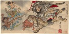 May: Shoki the Demon Queller Riding on a Tiger, Subjugating Goblins, from the series "Of t..., 1887. Creator: Kawanabe Kyosai