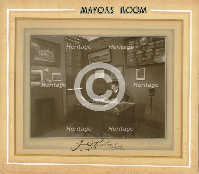 Mayor's Room; Frank G Pursell, Mayor 1939-1940 is pictured at his desk in the Mayor's room in 1939. Creator: Unknown.