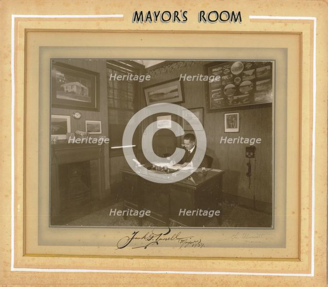 Mayor's Room; Frank G Pursell, Mayor 1939-1940 is pictured at his desk in the Mayor's room in 1939. Creator: Unknown.