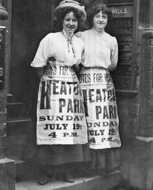 Mabel Capper and Patricia Woodlock advertising a meeting, Manchester, Lancashire, July 1908
