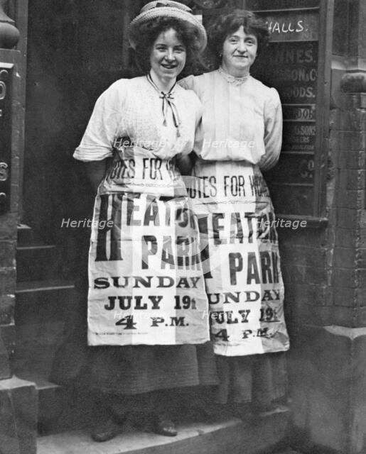 Mabel Capper and Patricia Woodlock advertising a meeting, Manchester, Lancashire, July 1908. Artist: Unknown