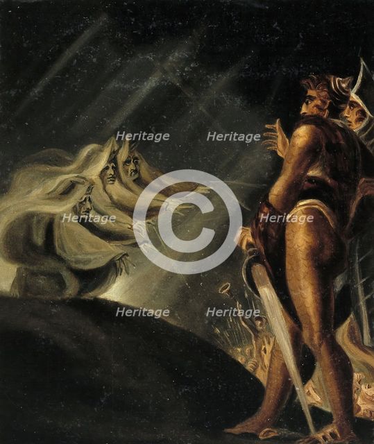 Macbeth and Banquo meet the three witches on a heath; scene from 'Macbeth', 19th century? Creator: Unknown.