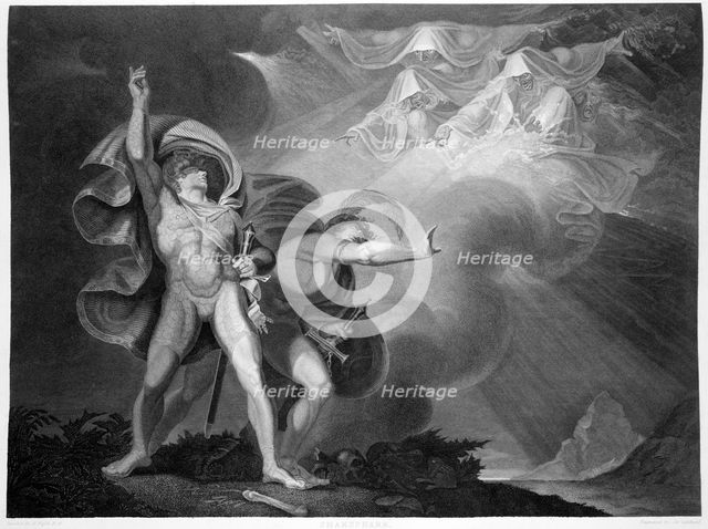 Macbeth and Banquo encounter the three witches on the heath, 1805. Creators: John Boydell, Josiah Boydell.