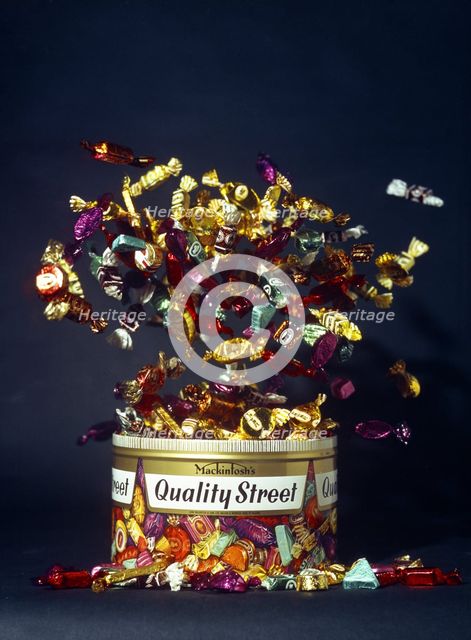 Mackintosh's Quality Street, exploding tin advertisment shot, 1972. Creator: Michael Walters.
