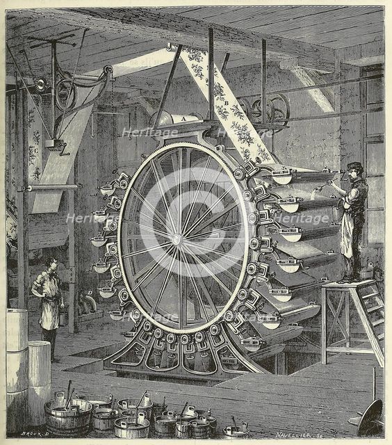 Machine for Printing Wallpaper in up to Twenty Colours, pub. 1873 (engraving), 1873. Creator: French School (19th Century).