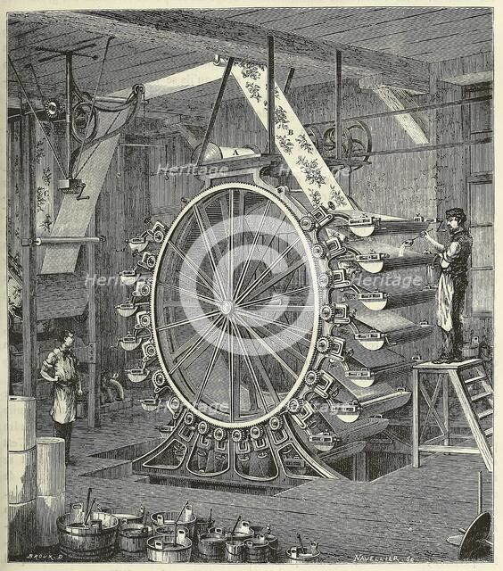 Machine for Printing Wallpaper in up to Twenty Colours, pub. 1873 (engraving), 1873. Creator: French School (19th Century).