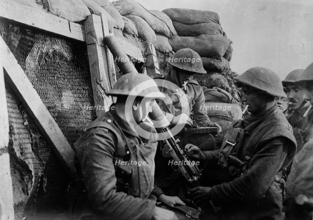Machine gun in front line trench, between c1915 and c1920. Creator: Bain News Service.