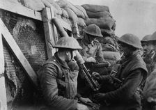 Machine gun in front line trench, between c1915 and c1920. Creator: Bain News Service