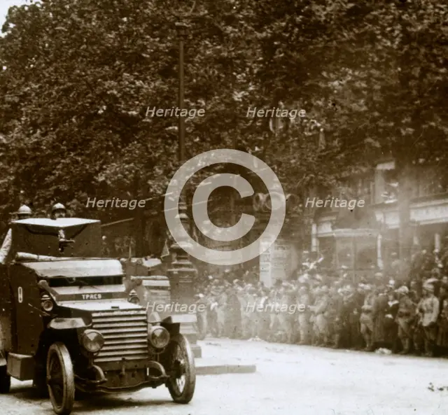 Machine gun mounted in armoured vehicle, victory parade, c1918. Artist: Unknown.