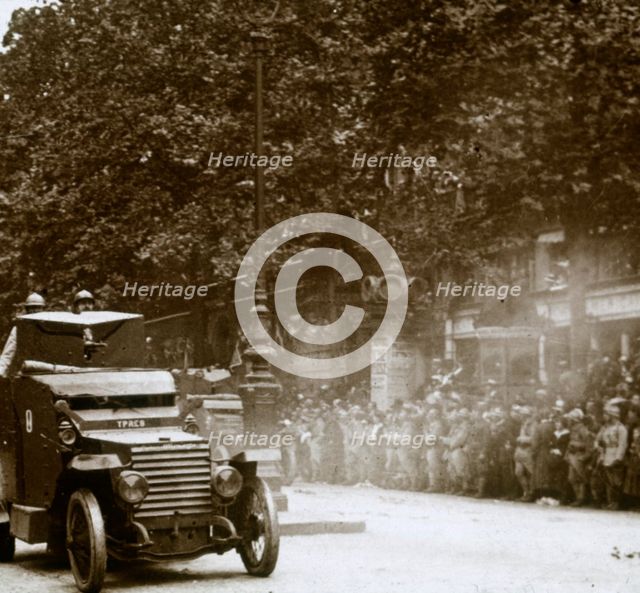 Machine gun mounted in armoured vehicle, victory parade, c1918. Artist: Unknown.