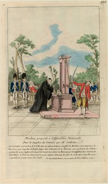 Machine proposée à l'Assemblée nationale pour le supplice des criminels par Mr. Guillotin, c. 1790. Creator: Anonymous