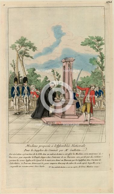 Machine proposée à l'Assemblée nationale pour le supplice des criminels par Mr. Guillotin, c. 1790. Creator: Anonymous.
