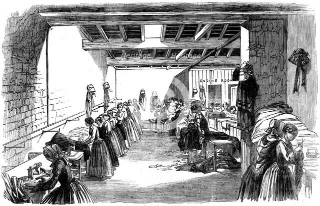 Machine Room in a Steam Sewing Factory, 1854. Artist: Anon