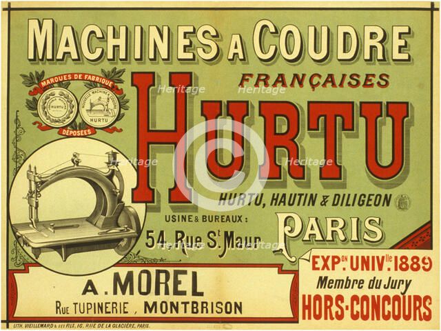 Machines à coudre françaises Hurtu, 1889. Creator: Anonymous.