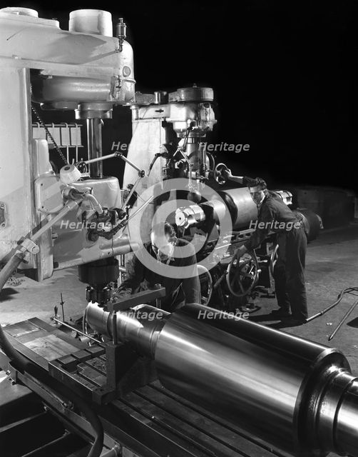 Machining a five foot roller on a lathe at Wombwell Foundry, South Yorkshire, 1963.  Creator: Michael Walters.
