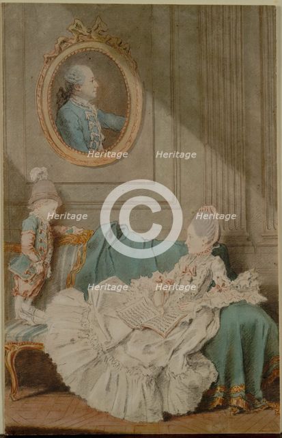 Madame Millin du Perreux and Her Son, with a Painted Portrait..., c. 1760. Creator: Louis Carmontelle (French, 1717-1806).