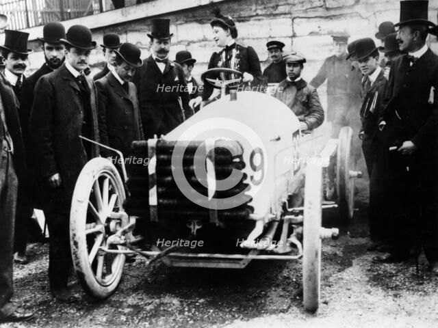 Madame du Gaste at the wheel of a De Dietrich, Paris to Madrid Race, 1903. Artist: Unknown
