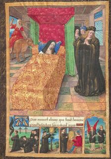 Madame de Balsac on Her Deathbed; Ovid, Excerpts from Heroides, about 1493. Creator: Master of the Chronique Scandaleuse